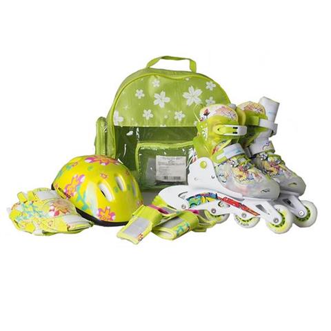 Zestaw łyżworolki PW 116AF, kask, kpl ochraniaczy, plecak zielony Kiddy Mechanics